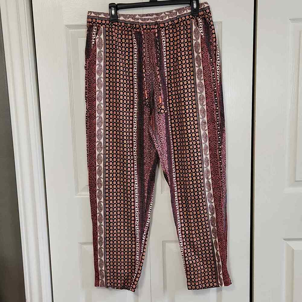 Rachel Zoe Wide Leg Pants Multi-colored Bohemian Tie Waist 100% Linen Size LG‎